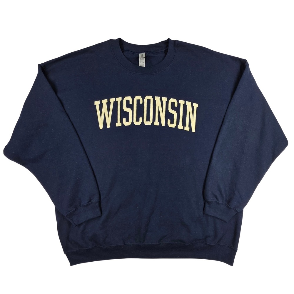 Gildan Wisconsin Crewneck Sweatshirt Navy Blue Felt Applique Mens 2XL XXL